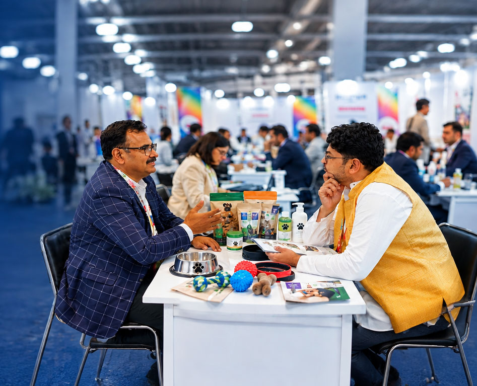 Two business professionals shaking hands after a successful B2B meeting at a trade event